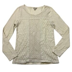 Lucky Brand Crochet Lace Thermal Top Women's Large Cream Long Sleeve Boho